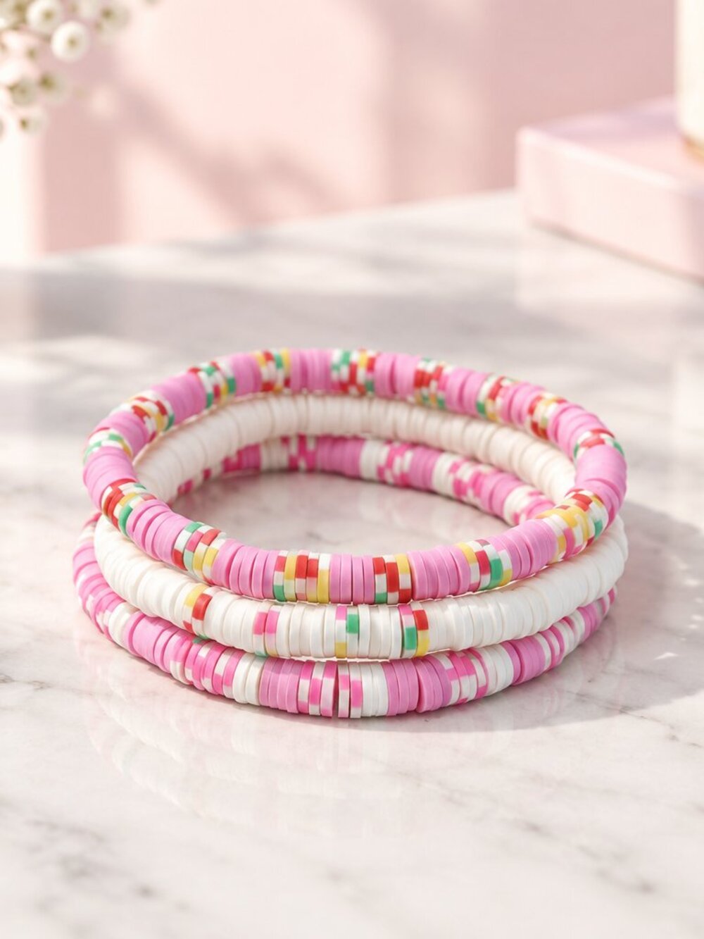 Pink, White, Green Heishi Vinyl Beaded Stretch Bracelets - Set of 3 - NWOT
